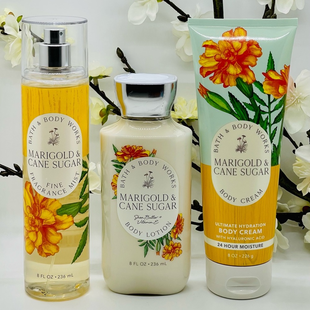 Bath and Body Works Marigold & Cane Sugar Trio Set Fine Fragrance, Cream, Lotion